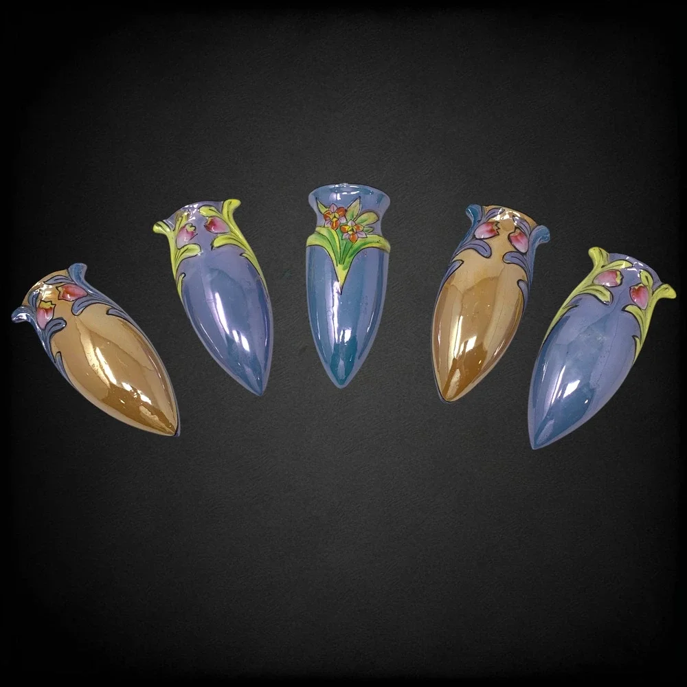 Lot 5 Vintage Japan Lusterware Wall Pockets Blue Orange Floral 5.25